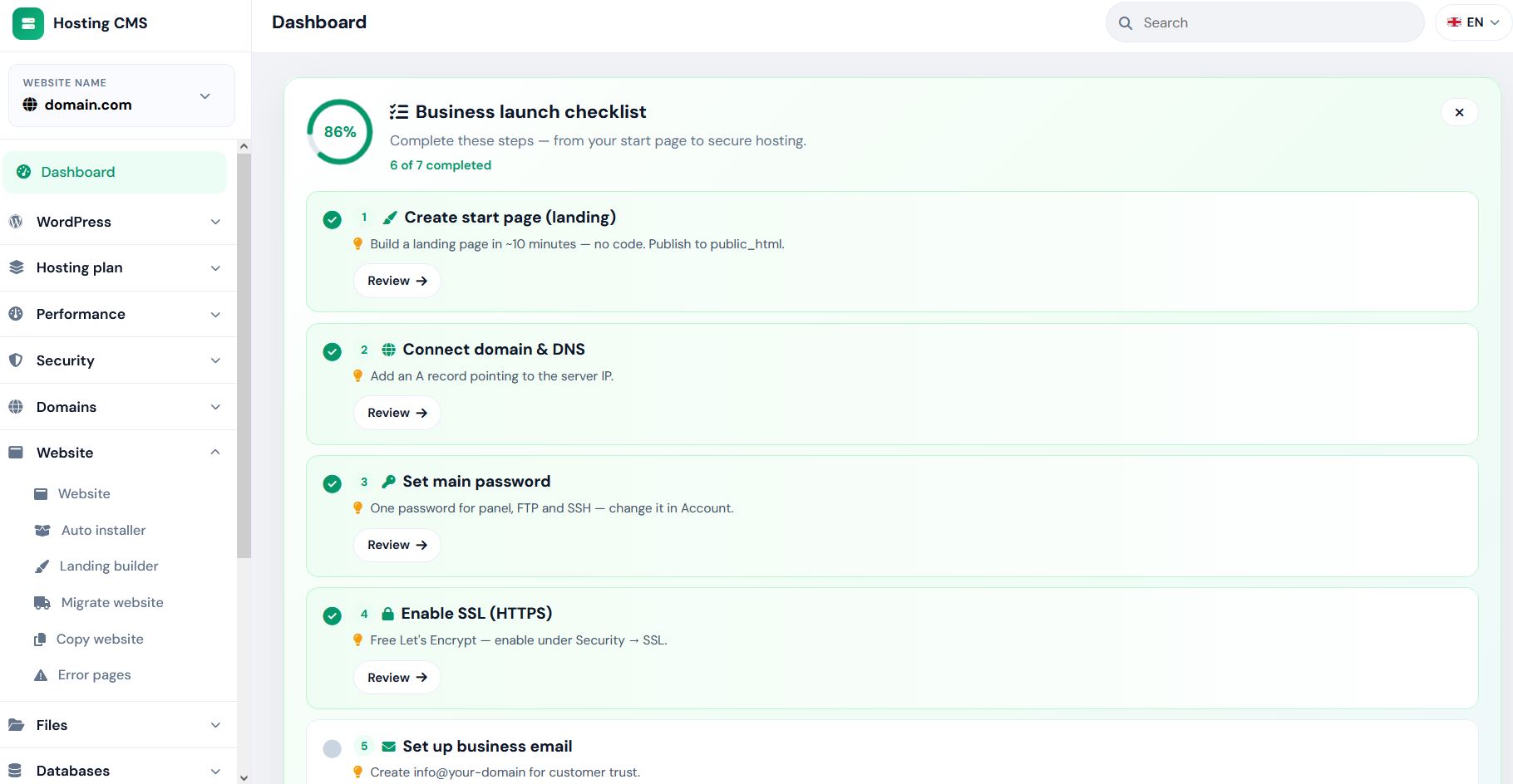 Hosting dashboard